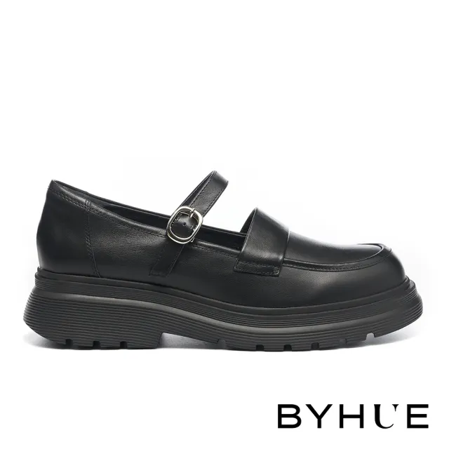 【BYHUE】個性時髦純色牛皮瑪莉珍繫帶軟芯厚底鞋(黑)