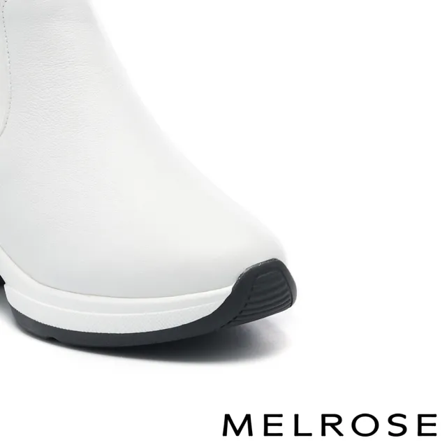 【MELROSE】美樂斯 俐落時髦舒適牛皮拼接彈力飛織高筒厚底休閒鞋(白)
