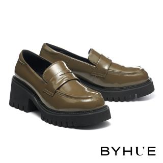 【BYHUE】質感復古學院系純色軟芯便仕方頭樂福厚底鞋(綠)