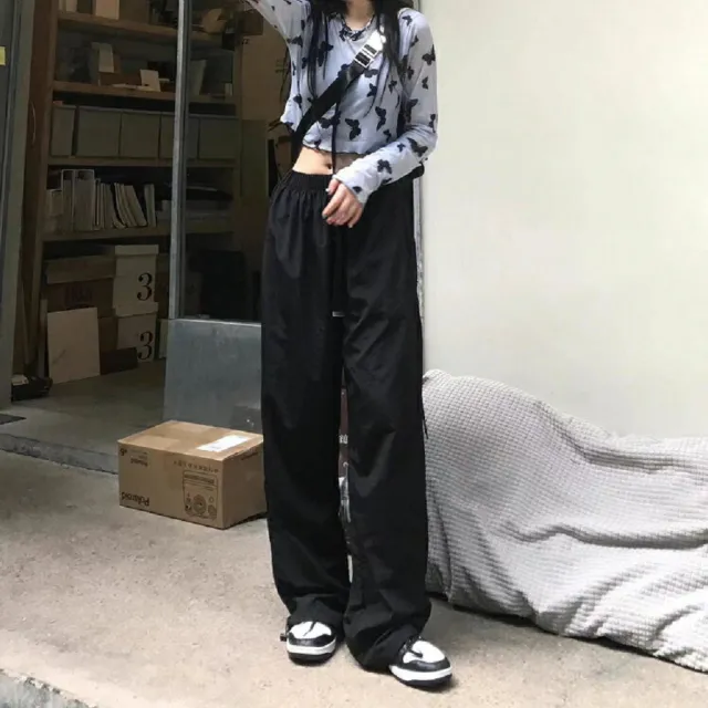 【Shiny 藍格子】單色街頭風寬鬆闊腿鬆緊腰束腳長褲 V3677 現+預(女褲 寬褲)