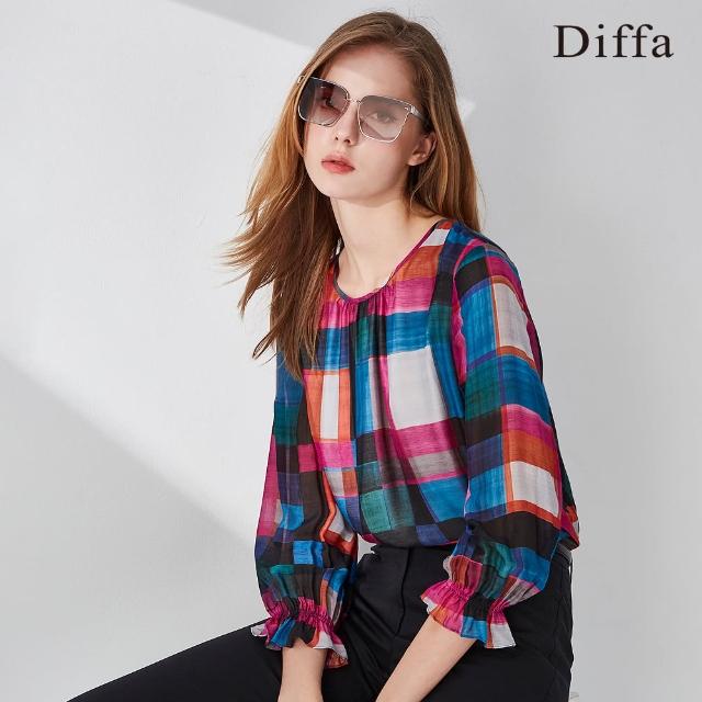 【Diffa】桃藍格荷葉袖上衣-女