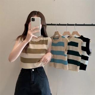 【D.studio】韓版復古顯瘦條紋針織背心 V255(上衣 小可愛 女裝 背心女 衣服 短版上衣)