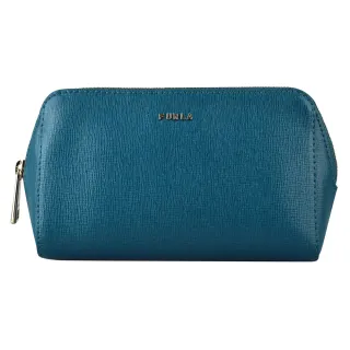 【FURLA 芙拉】FURLA ELECTRA金字字母LOGO防刮牛皮拉鍊化妝包(孔雀藍)