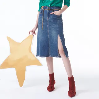 【MYVEGA 麥雪爾】純棉皮標側開岔八分牛仔裙-藍