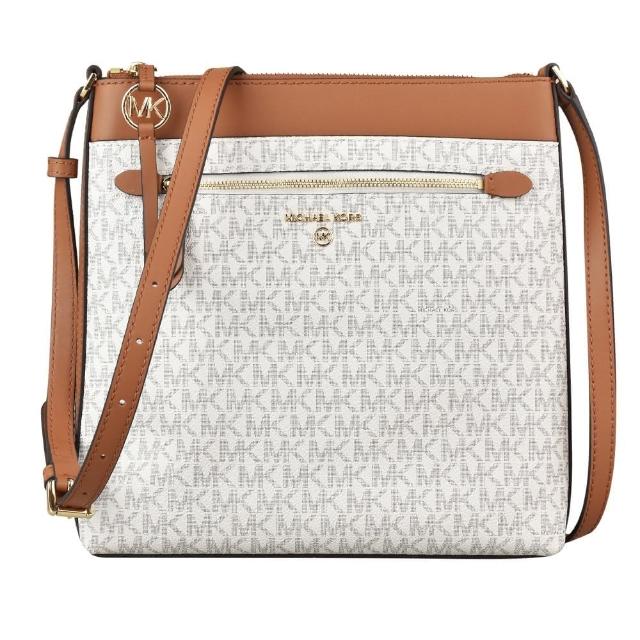 【Michael Kors】MK MICHAEL KORS JET SET金字LOGO滿版印花PVC滾邊牛皮拉鍊斜背包(香草白x橡子棕)