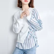 【MsMore】假兩件條紋襯衫長袖寬鬆短版造型上衣#118713(白)