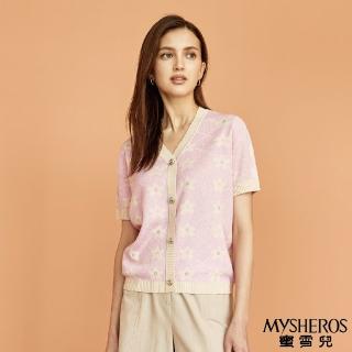 【MYSHEROS 蜜雪兒】針織上衣 V領 排釦 鑽飾 滿版小花 格菱紋(粉)