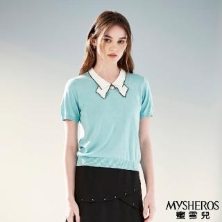 【MYSHEROS 蜜雪兒】針織上衣 棉質 鑽飾蝴蝶結造型翻領 秀氣素色(藍綠)