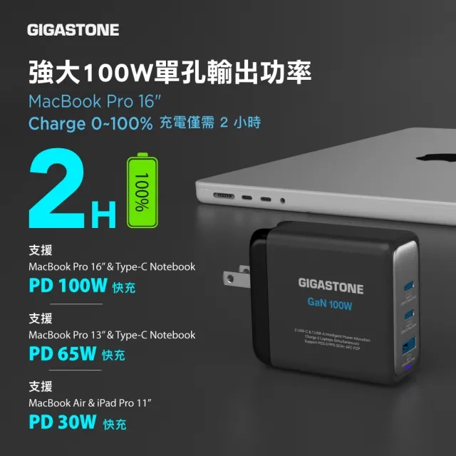 【GIGASTONE 立達】100W GaN氮化鎵三孔USB-C充電器+C to C 100W快充傳輸線(iPhone16/MacBook快充充電頭)