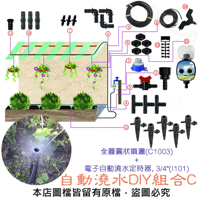 【蔬菜工坊】自動澆水DIY組合C(全圓霧狀噴灑/C1003/+電子自動澆水定時器  3/4/I101/)（其他規格）