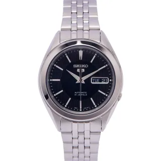 【SEIKO 精工】五號機機芯機械不鏽鋼錶帶手錶-黑面x銀色/37mm(SNKL23K1)