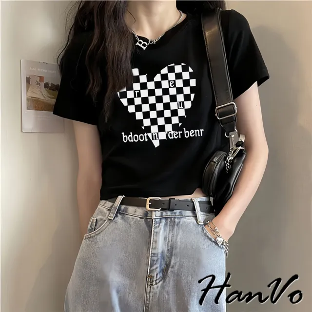 【HanVo】現貨 愛心棋盤格短版短袖上衣(圓領棉質透氣吸濕排汗 韓系顯瘦穿搭 女生衣著 0112)