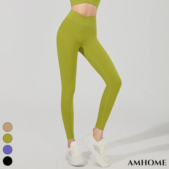 Amhome 超強瑜伽褲女緊身提臀外穿訓練速乾跑步交叉高腰打底運動健身長褲#119074(4色)