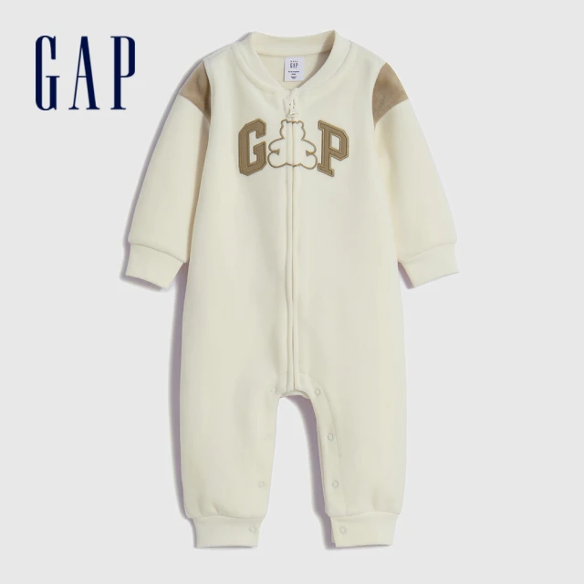 GAP 嬰兒裝 造型連帽長袖包屁衣/連身衣 抱抱絨系列-白色