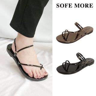 【SOFE MORE】臺灣製 交叉漆皮涼拖鞋 夾腳涼拖兩穿 金屬色交叉亮面簡約平底涼拖鞋(交叉涼拖鞋)