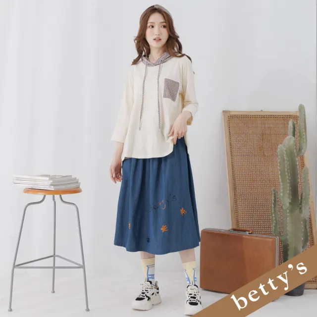 【betty’s 貝蒂思】小樹格子連帽拼接八分袖T-shirt(米黃)