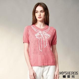 【MYSHEROS 蜜雪兒】針織上衣 圓領 菱形簍空 繪畫蝴蝶結裝飾(粉)