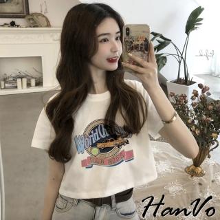 【HanVo】現貨 大膽跳色英文字母老爺車T恤(休閒百搭顯瘦短袖上衣 短版 韓系女裝 女生衣著 A01-1346)