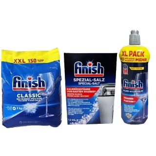 【FINISH】3公斤濃縮洗碗粉+軟化鹽1.2公斤+無香精光潔劑800ml(平輸品)