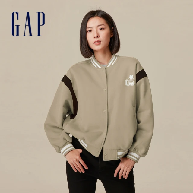 GAP 女裝 Logo小熊印花圓領長袖外套 碳素軟磨系列-海