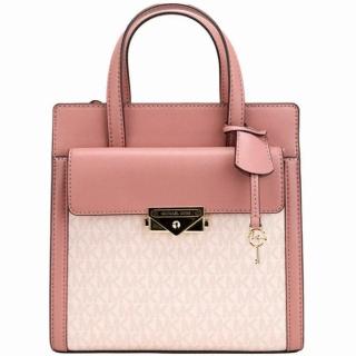 【Michael Kors】CECE玫瑰粉X粉PVC滿版LOGOOGO前口袋小款手提斜背包