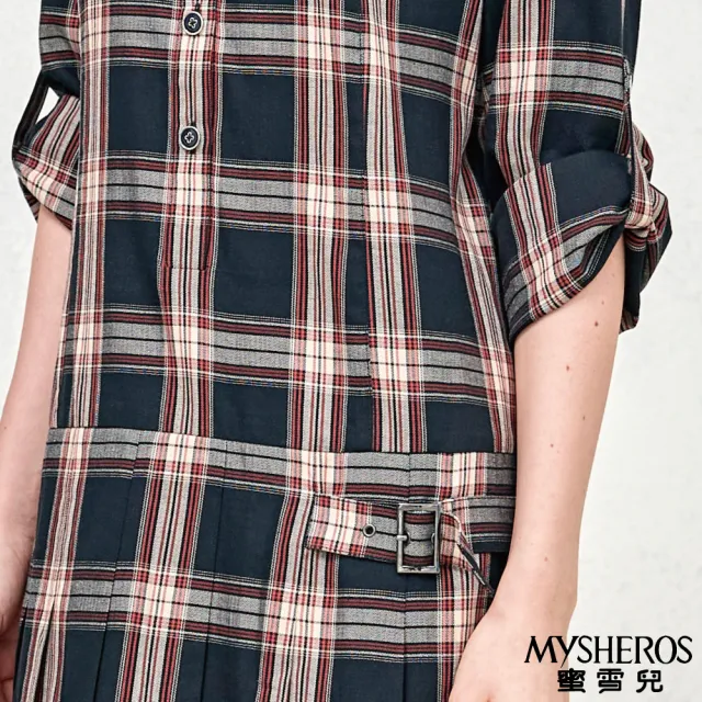 【MYSHEROS 蜜雪兒】A字洋裝 經典格紋 翻領半排釦 低腰修身設計(黑)