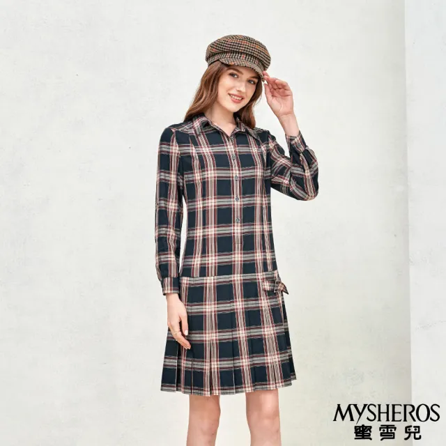 【MYSHEROS 蜜雪兒】A字洋裝 經典格紋 翻領半排釦 低腰修身設計(黑)