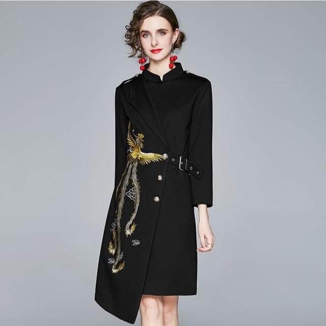 【巴黎精品】現貨+預購 洋裝長袖連身裙(不對稱鳳凰刺繡假兩件女裙子a1dc5)