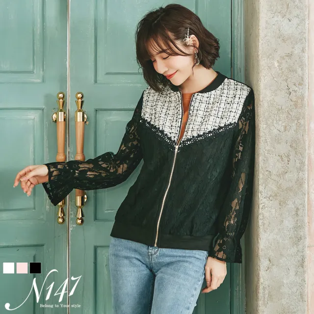 【N147】千鳥格紋Mix透膚蕾絲拼接造型外套《Y573》個性黑/純真白(韓國女裝)