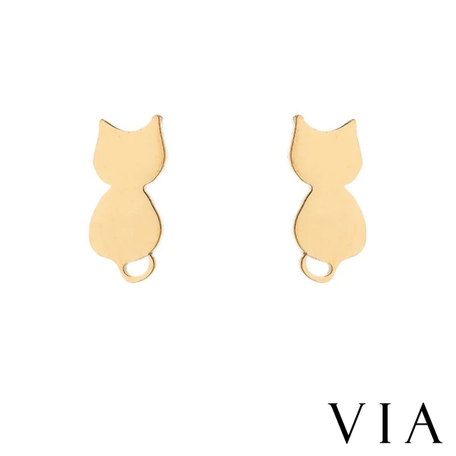 【VIA】白鋼耳釘 貓咪耳釘/動物系列 貓咪背影造型白鋼耳釘(金色)