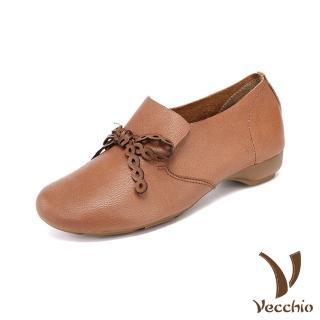 【Vecchio】真皮休閒鞋 低跟休閒鞋/全真皮頭層牛皮小圓頭縷空鍊帶蝴蝶結深口低跟休閒鞋(棕)