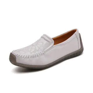 【SOFT WALK 舒步】真皮休閒鞋 平底休閒鞋/真皮花朵刺繡圖樣舒適平底休閒鞋 蝸牛鞋(灰)