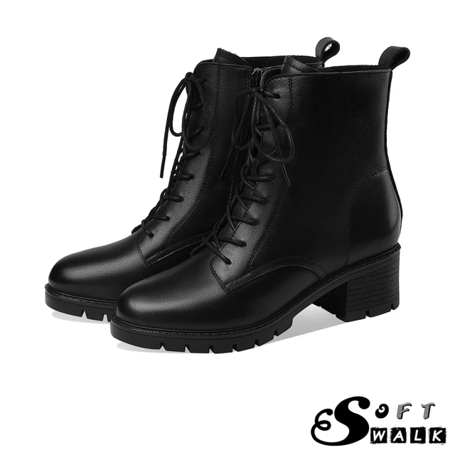 SOFT WALK 舒步 真皮馬丁靴 粗跟馬丁靴/真皮頭層牛皮氣質美型綁帶百搭粗跟馬丁靴(黑)