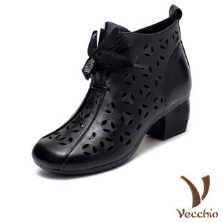 【Vecchio】真皮短靴 粗跟短靴 縷空短靴/真皮頭層牛皮幾何縷空典雅蝴蝶結繫帶造型粗跟短靴(黑)