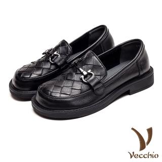 【Vecchio】真皮樂福鞋 交叉樂福鞋/真皮頭層牛皮經典馬銜扣交叉編織圓頭造型樂福鞋(黑)
