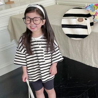 【橘魔法】口袋熊標黑白條紋寬鬆短袖上衣 (T恤 棉T 中性款 男童 女童 兒童 童裝)