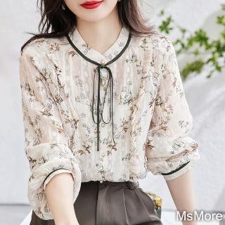 【MsMore】碎花長袖高領襯衫法式蝴蝶結寬鬆短版上衣#119180(花紋)