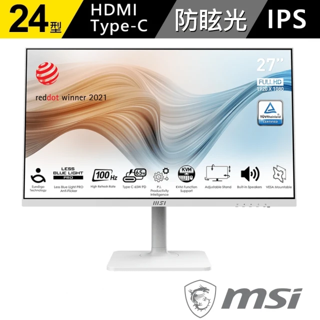 MSI 微星 Modern MD272XPW 27型 IPS 100Hz 美型螢幕-白色(Type-C/內建喇叭/TUV護眼)