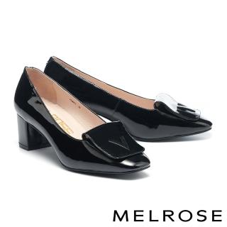 【MELROSE】美樂斯 典雅時尚V字釦亮感牛皮方頭高跟鞋(黑)