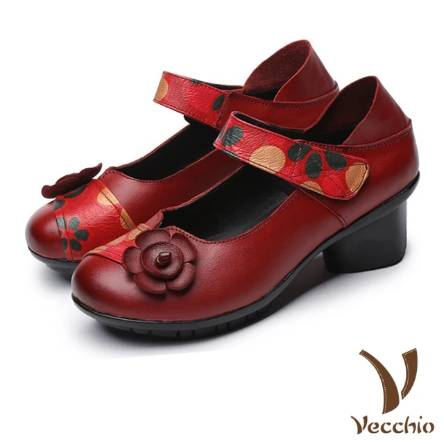 VecchioVecchio 真皮跟鞋 粗跟跟鞋/真皮古典民族風印花立體花朵造型魔鬼粘粗跟鞋(紅)