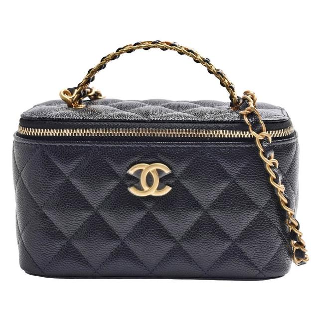 【CHANEL 香奈兒】經典雙C LOGO菱格粒紋牛皮皮革提把手提/斜背化妝包(黑色AP2805C-BLK-GPN)