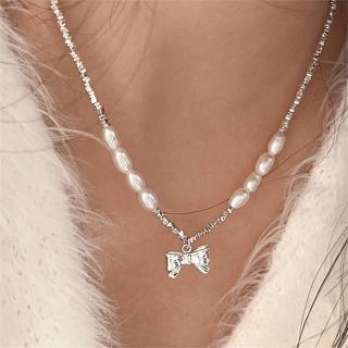 【MoonDy】包包 s925純銀項鍊 女生項鍊 蝴蝶結項鍊 串珠項鍊 淡水珍珠項鍊 天然珍珠項鍊 女友禮物