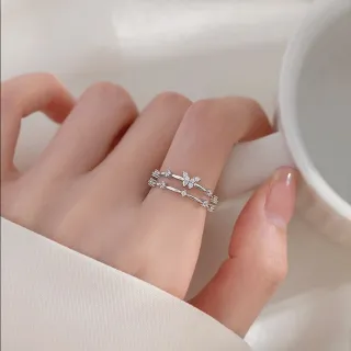 【MoonDy】鑽石戒指 純銀戒指 雙層戒指 閨蜜戒指 可愛戒指  指環 首飾 可調式戒指 銀戒指 蝴蝶戒指