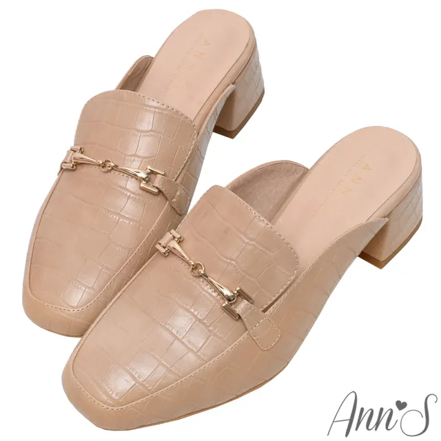 【Ann’S】自己喜歡最重要-石頭紋金扣粗跟方頭穆勒鞋4.5cm(杏)