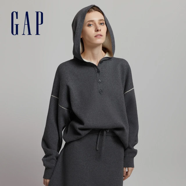 GAP 女裝 純棉雙面織造寬鬆針織帽T-黑灰色(883750)