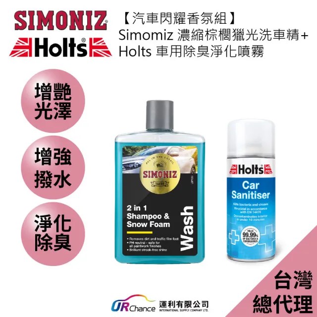 【SIMONIZ 喜美奈】棕櫚獵光濃縮洗車精&車用除臭淨化噴霧(汽車閃耀香氛組 撥水高光澤 空氣淨化自動噴霧)