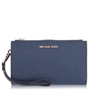 【Michael Kors】十字紋皮革 / 手掛式 雙層 中夾(深藍)