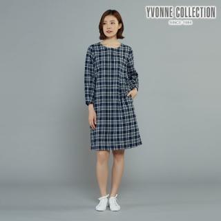 【YVONNE 以旺傢飾】棉麻格紋半開襟洋裝(丈青)