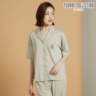 【YVONNE 以旺傢飾】乳木果 皇家熊繡花開襟短袖上衣(卡其)