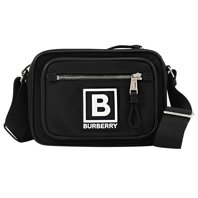 BURBERRY 巴寶莉 經典LOGO輕量尼龍前口袋相機包方包斜背包(黑)